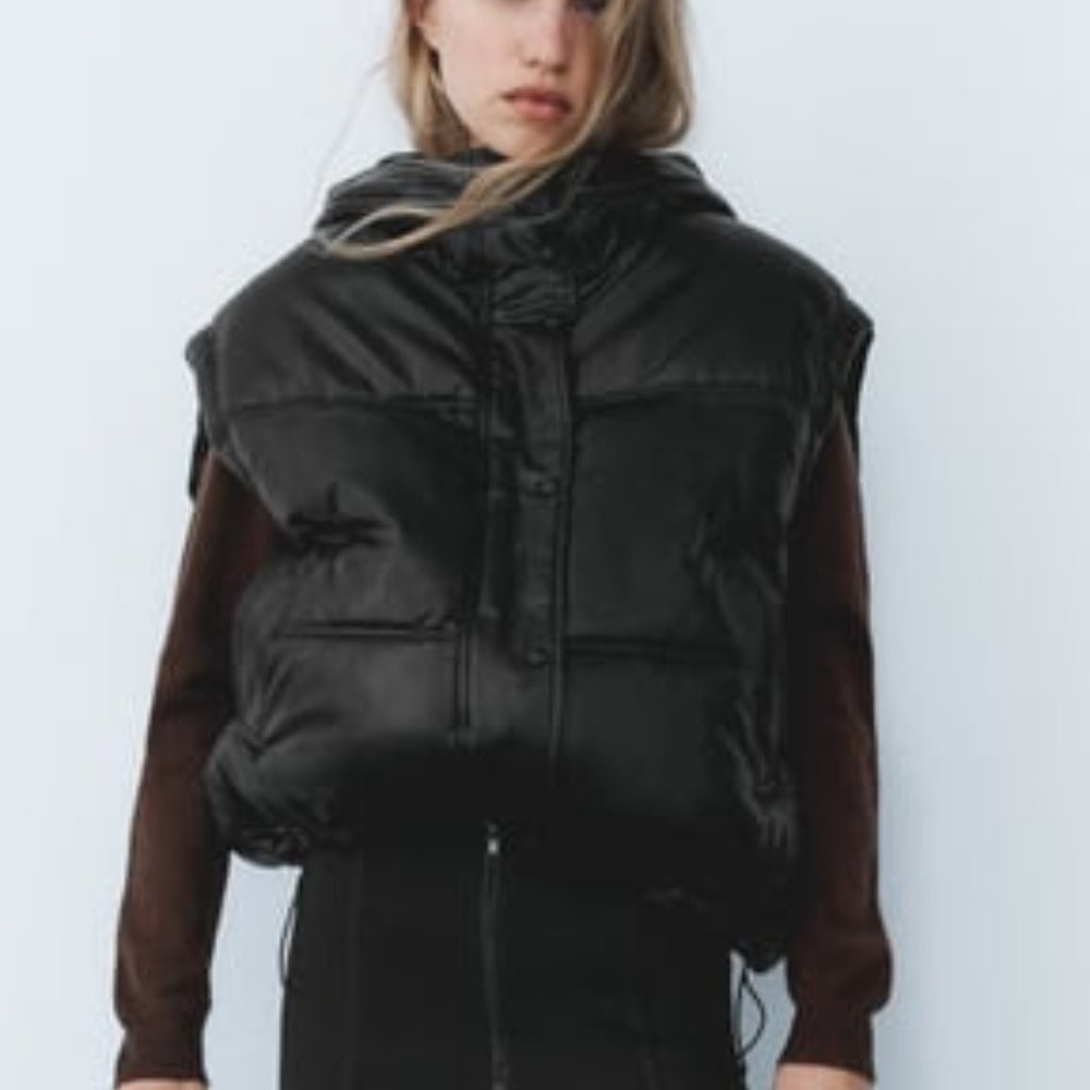 ZARA faux leather black puffer vest